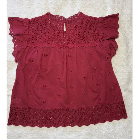 NWOT Calypso St Barth Eyelet Embroidered Blouse Ruffle Sleeve Burgundy Size Med - Picture 6 of 6
